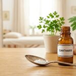 Amber bottle labeled 'CANTHARIS' for homeopathic UTI relief with granules on a spoon, green plants, and a 'Homeopathy' book in a clinical setting.