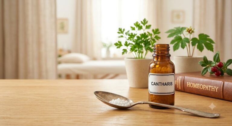 Amber bottle labeled 'CANTHARIS' for homeopathic UTI relief with granules on a spoon, green plants, and a 'Homeopathy' book in a clinical setting.