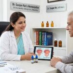 Dr. Gunjan Rai explaining Benign Hypertrophy of Prostate (BPH) treatment options using a tablet diagram to a patient at her homeopathic clinic in Shipra Suncity, Indirapuram, Ghaziabad.
