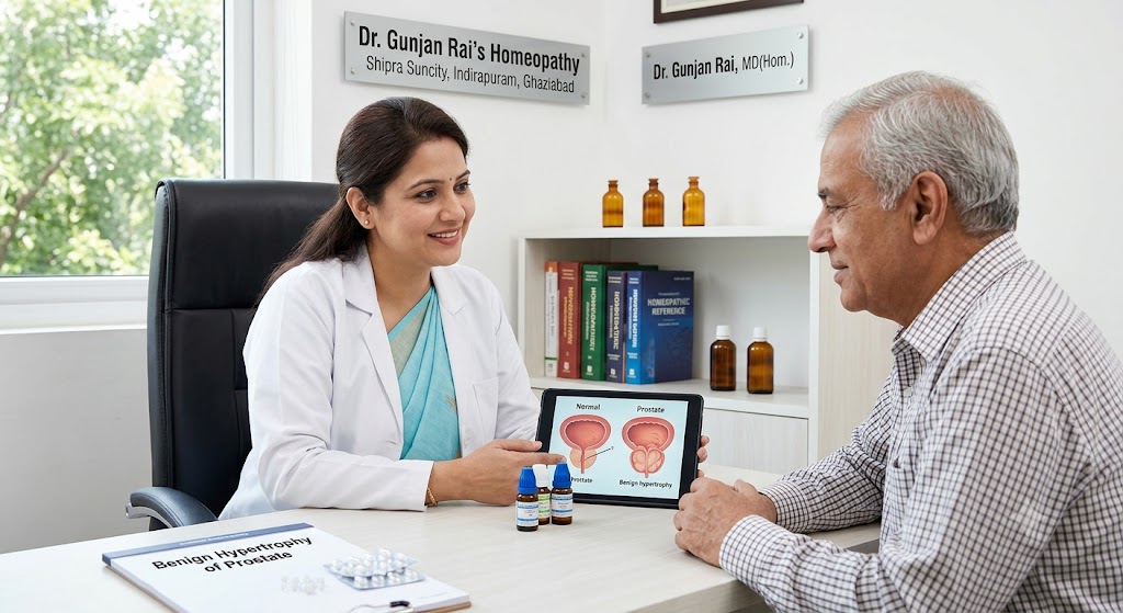 Dr. Gunjan Rai explaining Benign Hypertrophy of Prostate (BPH) treatment options using a tablet diagram to a patient at her homeopathic clinic in Shipra Suncity, Indirapuram, Ghaziabad.