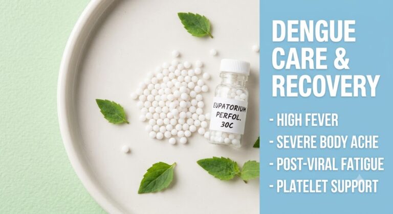 Infographic with homeopathic globules and mint leaves detailing Dengue Care and Recovery symptoms: High Fever, Severe Body Ache, Post-Viral Fatigue, and Platelet Support.