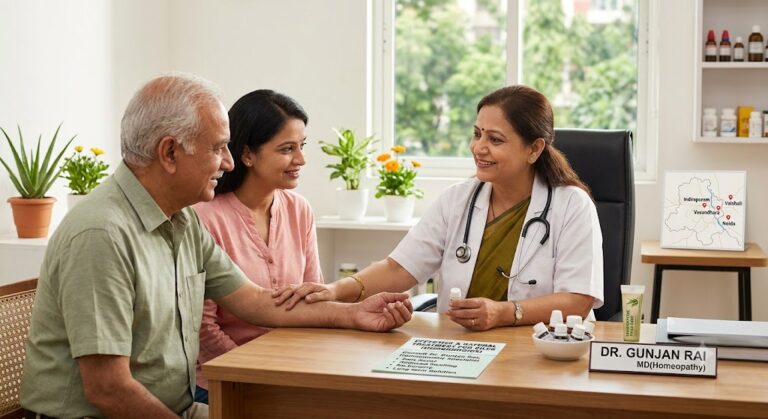 Dr. Gunjan Rai, MD Homeopathy doctor in Shipra Suncity, Indirapuram, consulting patients for homeopathic piles treatment with regional map of Indirapuram, Vaishali, Vasundhara, and Noida.
