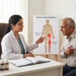 A homeopathic doctor giving consultation to a patient using a diagram of the sciatic nerve.