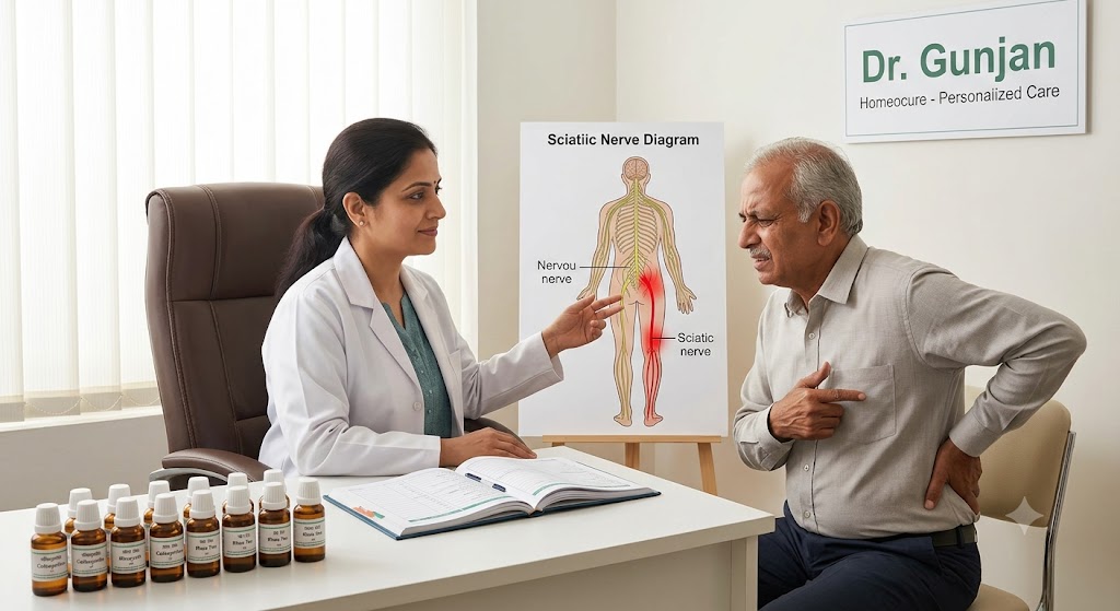 A homeopathic doctor giving consultation to a patient using a diagram of the sciatic nerve.