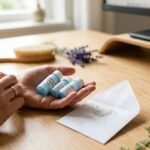 Close-up of a patient's hands holding blue bottles of homeopathic remedies for carpal tunnel syndrome, labeled 'Hypericum', 'Rhus Tox', and 'Ruta Grav'.