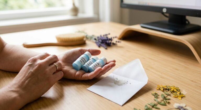 Close-up of a patient's hands holding blue bottles of homeopathic remedies for carpal tunnel syndrome, labeled 'Hypericum', 'Rhus Tox', and 'Ruta Grav'.
