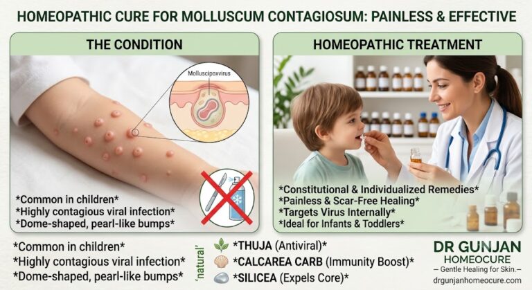 Constitutional homeopathy remedies matrix for natural and painless curing of Molluscum Contagiosum skin bumps.