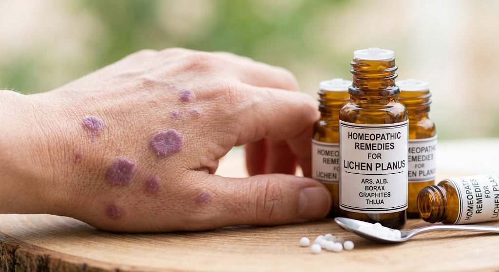 Homeopathic medicine bottles placed near skin rash on patient's arm for Lichen Planus treatment