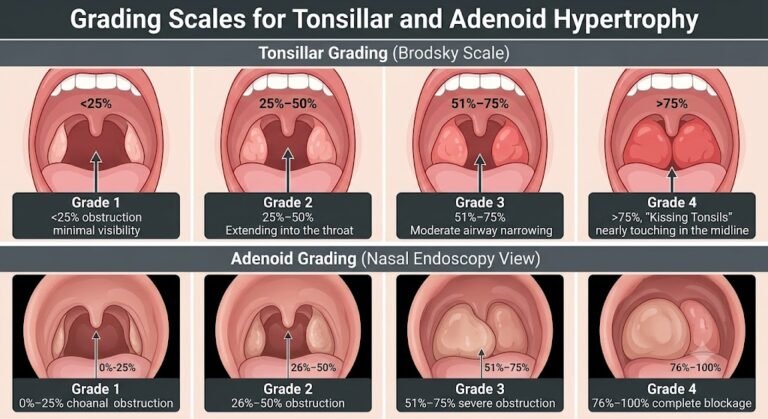 A medical illustration chart showing the visual appearance of four grades of enlarged tonsils (top) and the physical obstruction in nasal endoscopy views of four grades of enlarged adenoids (bottom).
