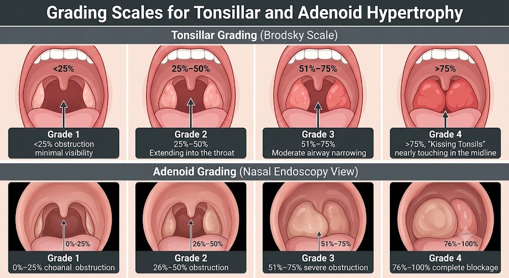 A medical illustration chart showing the visual appearance of four grades of enlarged tonsils (top) and the physical obstruction in nasal endoscopy views of four grades of enlarged adenoids (bottom).