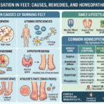 Infographic detailing causes, daily care, and homeopathic remedies for burning sensations in feet. It covers six causes including Diabetic Neuropathy and Tarsal Tunnel Syndrome, lists four self-care steps, and provides a comparative remedy table for Sulphur, Arsenicum Album, Rhus Tox, Hypericum, and Phosphorus.