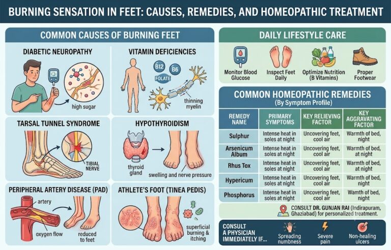 Infographic detailing causes, daily care, and homeopathic remedies for burning sensations in feet. It covers six causes including Diabetic Neuropathy and Tarsal Tunnel Syndrome, lists four self-care steps, and provides a comparative remedy table for Sulphur, Arsenicum Album, Rhus Tox, Hypericum, and Phosphorus.