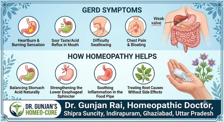 Infographic on GERD symptoms and the benefits of Homeopathy by Dr. Gunjan Rai.