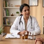 Female homeopathic doctor conducting a clinical consultation with a patient in a modern clinic