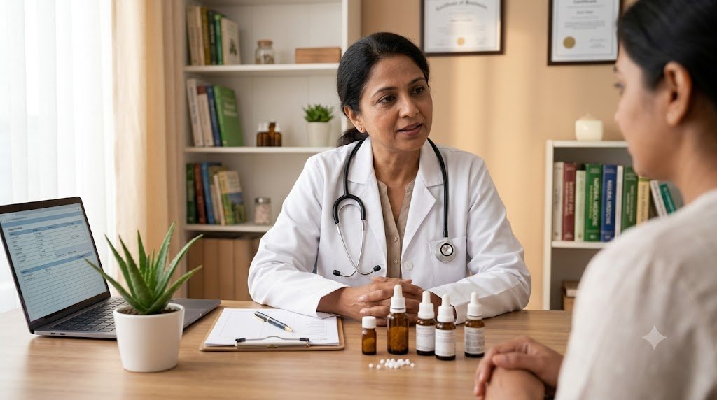 Female homeopathic doctor conducting a clinical consultation with a patient in a modern clinic