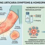 The left panel shows red, raised, itchy hives on an arm with labels for angioedema and pruritus. The right panel explains homeopathy’s 'root-cause' approach of 'individualization' with medicine bottles like Apis Mellifica and 'immune balancing' to achieve a balanced, histamine-calmed state.