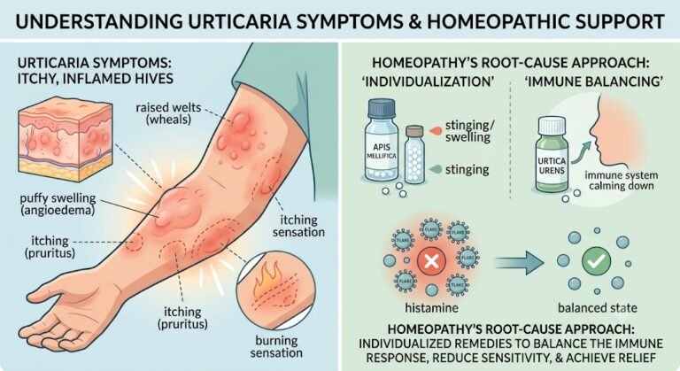 The left panel shows red, raised, itchy hives on an arm with labels for angioedema and pruritus. The right panel explains homeopathy’s 'root-cause' approach of 'individualization' with medicine bottles like Apis Mellifica and 'immune balancing' to achieve a balanced, histamine-calmed state.