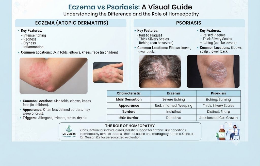 Infographic comparing eczema and psoriasis symptoms, visual characteristics, and the role of homeopathy, featuring side-by-side skin photos and a comparison table.