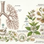 Infographic illustrating bronchial anatomy and homeopathic remedies for chronic bronchitis