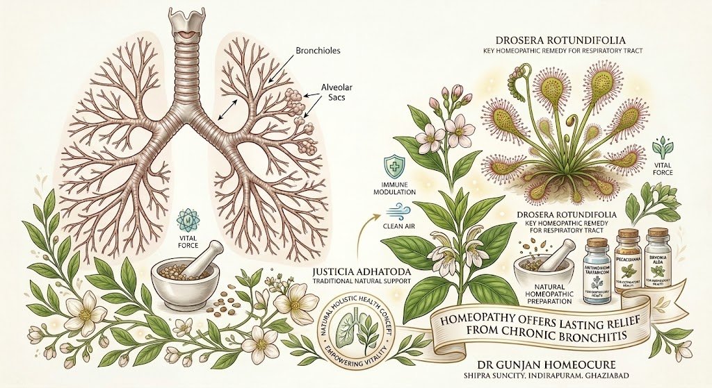 Infographic illustrating bronchial anatomy and homeopathic remedies for chronic bronchitis