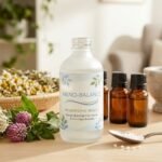 Natural homeopathic remedy bottle for menopausal relief with herbs and pills on a wooden table.